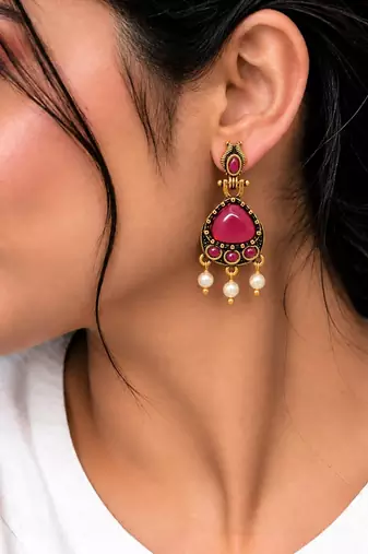 Gold oxidised traditional ruby red drop earrings