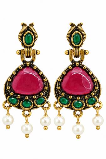 Gold oxidised traditional red green drop earrings