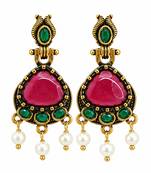 Gold oxidised traditional red green drop earrings