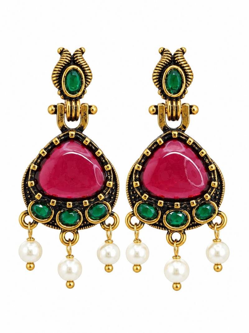 Gold oxidised traditional red green drop earrings
