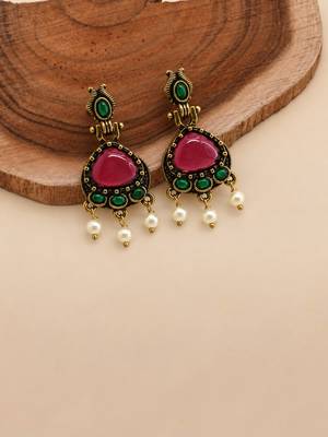 Gold oxidised traditional red green drop earrings 2