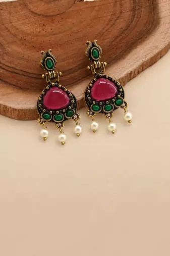 Gold oxidised traditional red green drop earrings