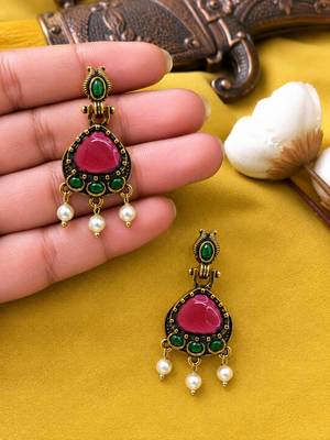 Gold oxidised traditional red green drop earrings 3