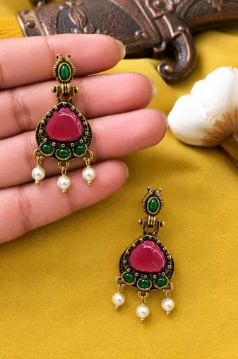 Gold oxidised traditional red green drop earrings