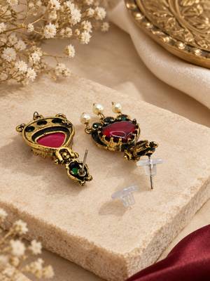 Gold oxidised traditional red green drop earrings 4