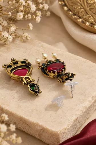 Gold oxidised traditional red green drop earrings