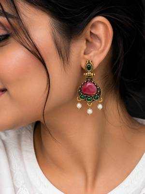 Gold oxidised traditional red green drop earrings 5