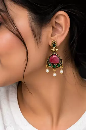 Gold oxidised traditional red green drop earrings
