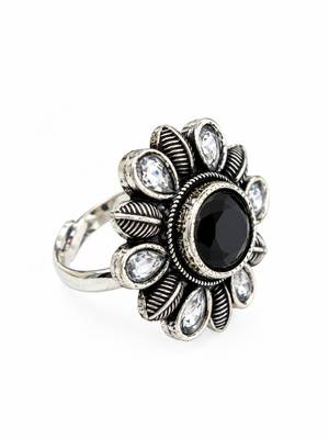 German silver oxidized cz black floral adjustable finger ring 1