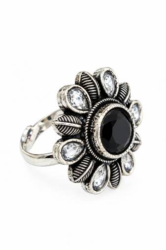 German silver oxidized cz black floral adjustable finger ring