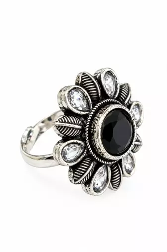 German silver oxidized cz black floral adjustable finger ring