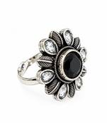 German silver oxidized cz black floral adjustable finger ring