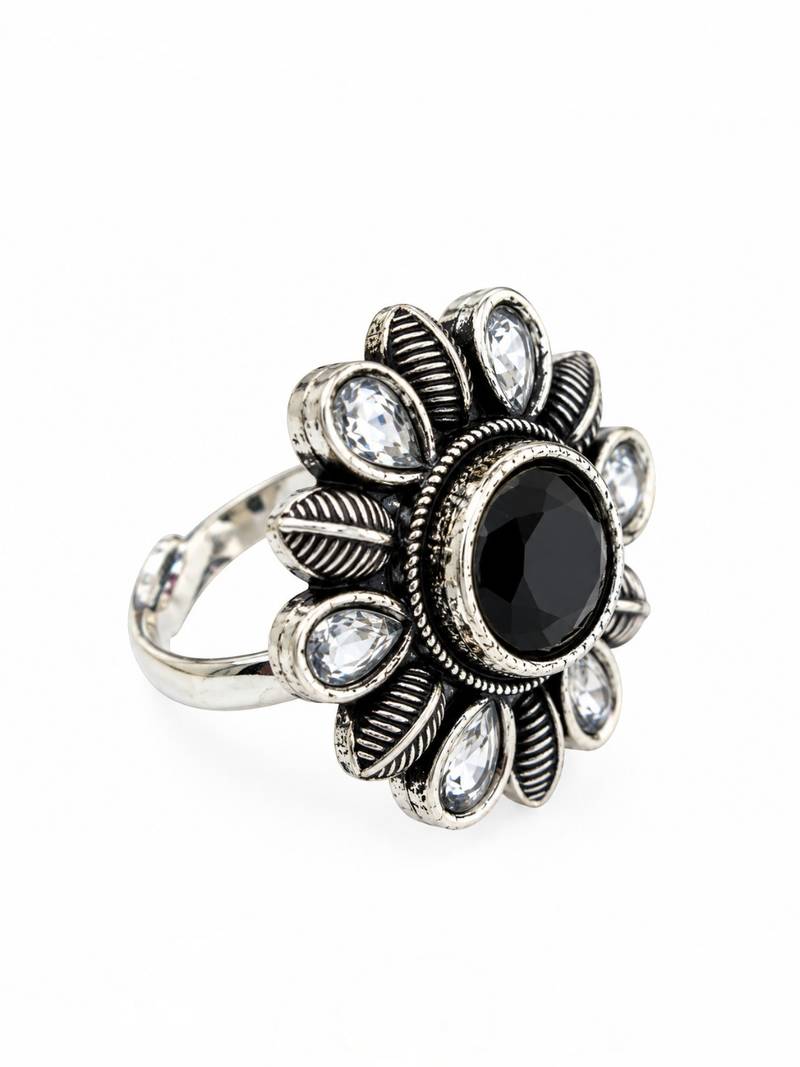 German silver oxidized cz black floral adjustable finger ring