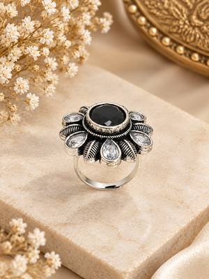 German silver oxidized cz black floral adjustable finger ring 2