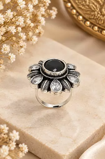 German silver oxidized cz black floral adjustable finger ring