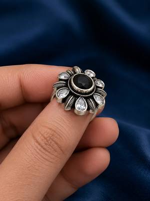 German silver oxidized cz black floral adjustable finger ring 3