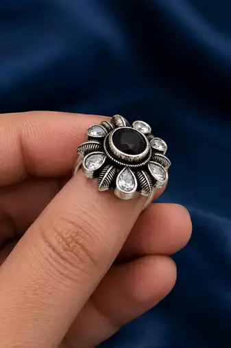 German silver oxidized cz black floral adjustable finger ring