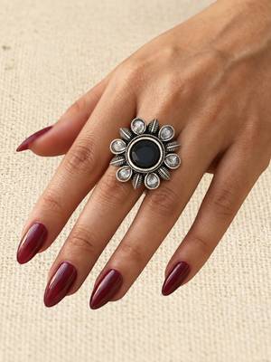 German silver oxidized cz black floral adjustable finger ring 4