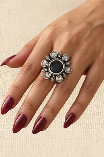 German silver oxidized cz black floral adjustable finger ring