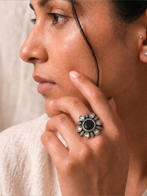 German silver oxidized cz black floral adjustable finger ring 5