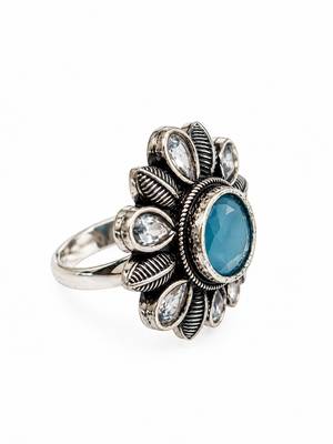German silver oxidized cz blue floral adjustable finger ring 1