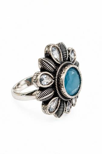 German silver oxidized cz blue floral adjustable finger ring
