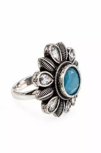 German silver oxidized cz blue floral adjustable finger ring