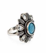 German silver oxidized cz blue floral adjustable finger ring