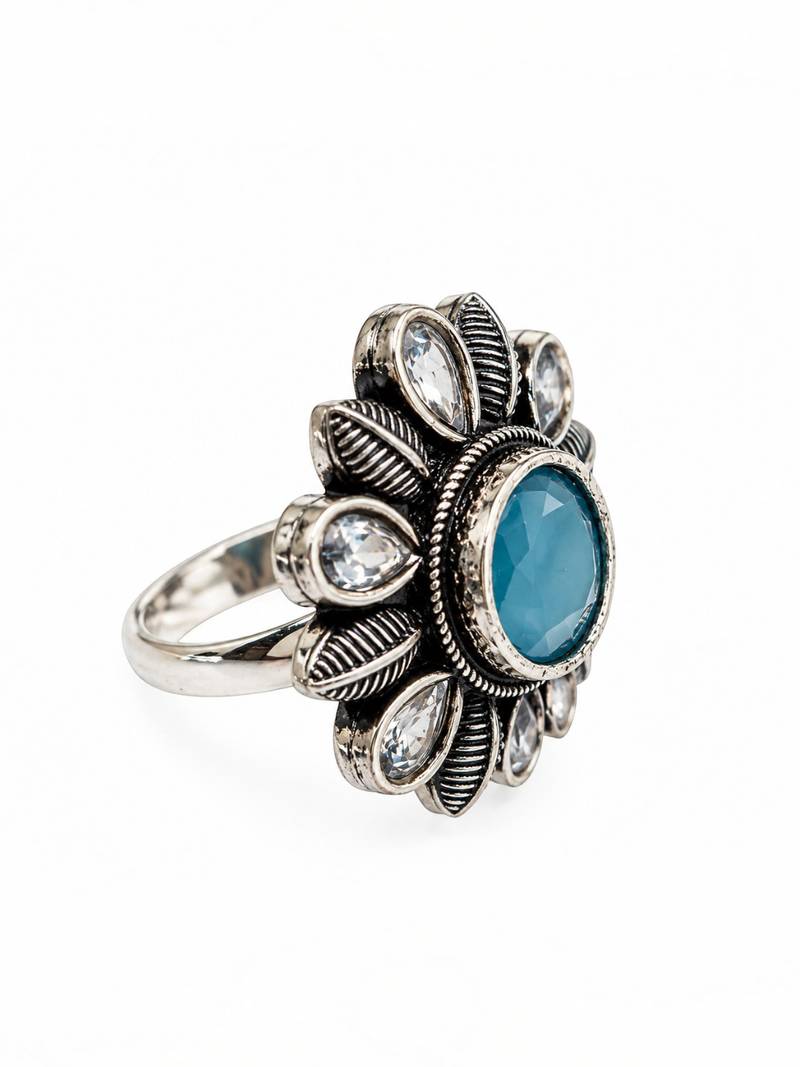 German silver oxidized cz blue floral adjustable finger ring