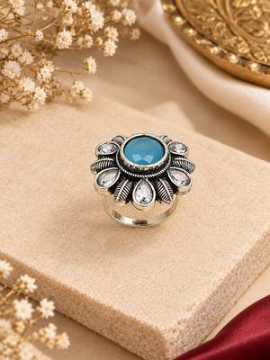 German silver oxidized cz blue floral adjustable finger ring 2