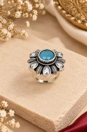 German silver oxidized cz blue floral adjustable finger ring