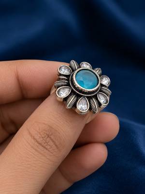 German silver oxidized cz blue floral adjustable finger ring 3