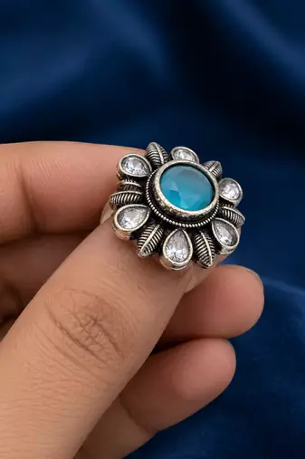 German silver oxidized cz blue floral adjustable finger ring