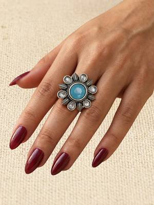 German silver oxidized cz blue floral adjustable finger ring 4