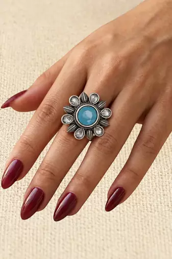 German silver oxidized cz blue floral adjustable finger ring