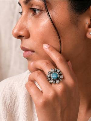 German silver oxidized cz blue floral adjustable finger ring 5