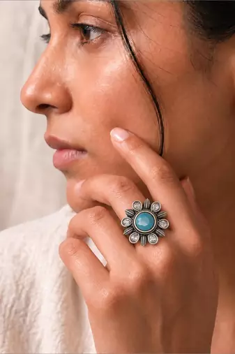 German silver oxidized cz blue floral adjustable finger ring