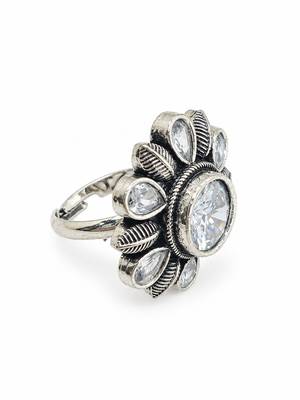 German silver oxidized cz clear floral adjustable finger ring 1