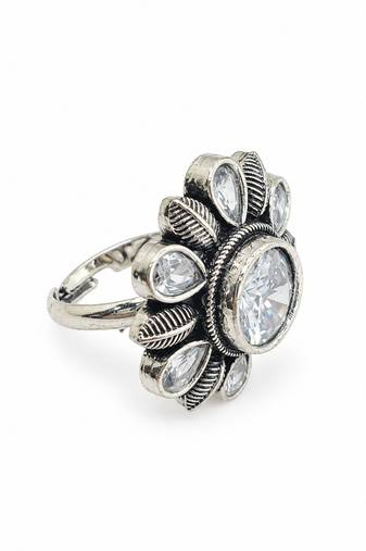 German silver oxidized cz clear floral adjustable finger ring