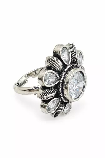 German silver oxidized cz clear floral adjustable finger ring