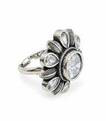 German silver oxidized cz clear floral adjustable finger ring