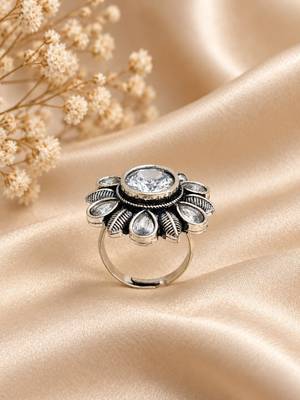 German silver oxidized cz clear floral adjustable finger ring 2