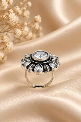 German silver oxidized cz clear floral adjustable finger ring