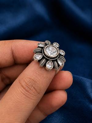 German silver oxidized cz clear floral adjustable finger ring 3