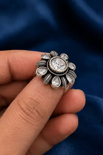 German silver oxidized cz clear floral adjustable finger ring