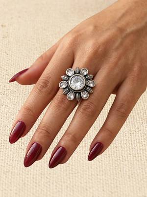 German silver oxidized cz clear floral adjustable finger ring 4