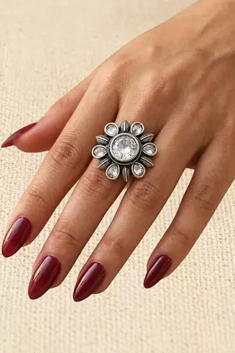 German silver oxidized cz clear floral adjustable finger ring