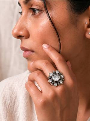 German silver oxidized cz clear floral adjustable finger ring 5