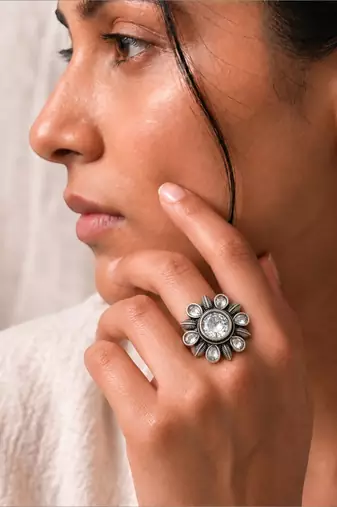 German silver oxidized cz clear floral adjustable finger ring