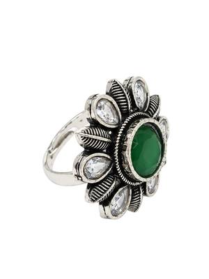 German silver oxidized cz green floral adjustable finger ring 1